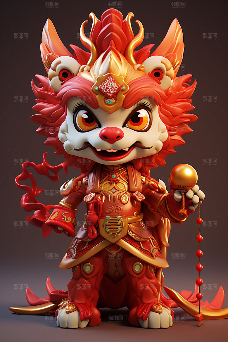 卡通中国龙龙年红色模型