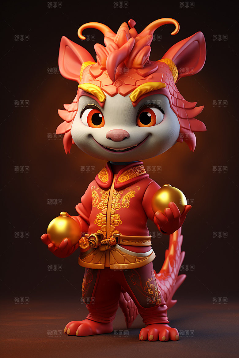 卡通中国龙春节红色模型