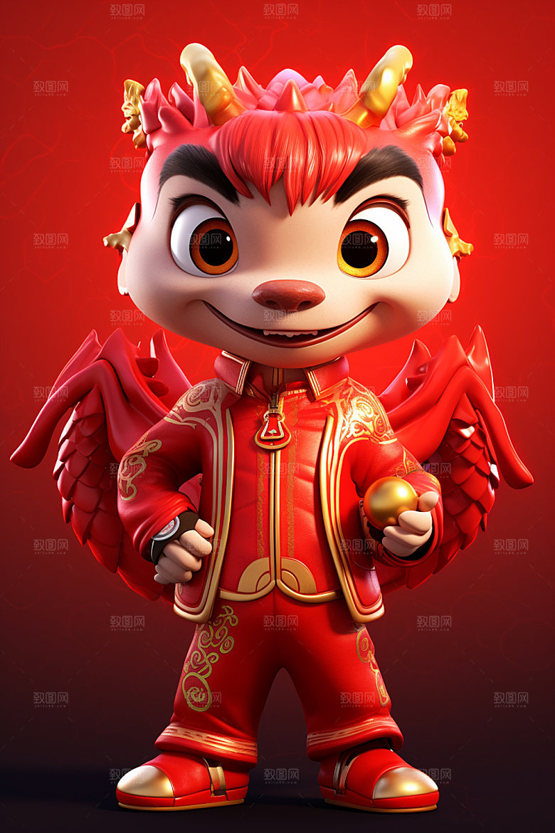 卡通中国龙红色龙年模型
