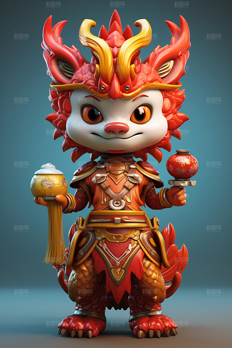 卡通中国龙新年红色模型