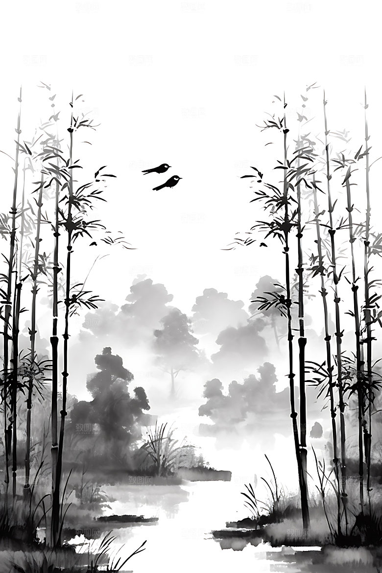 水墨竹林国画晕染插画