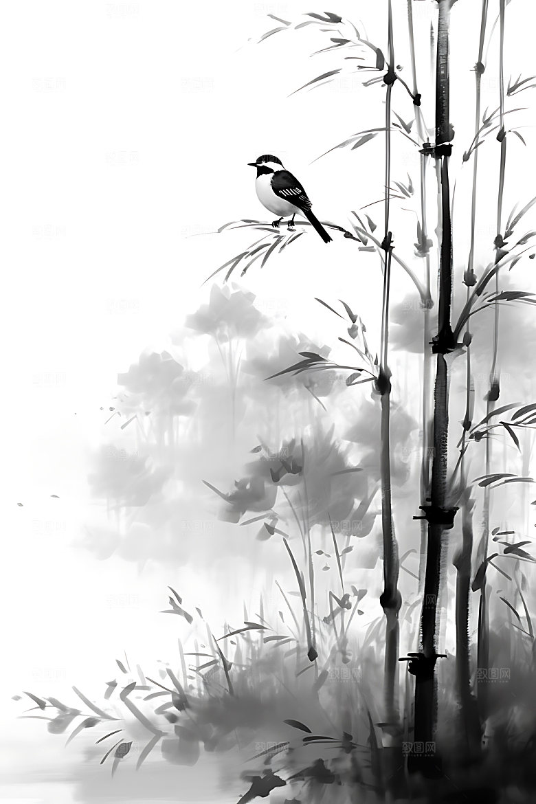 水墨竹林自然风光插画