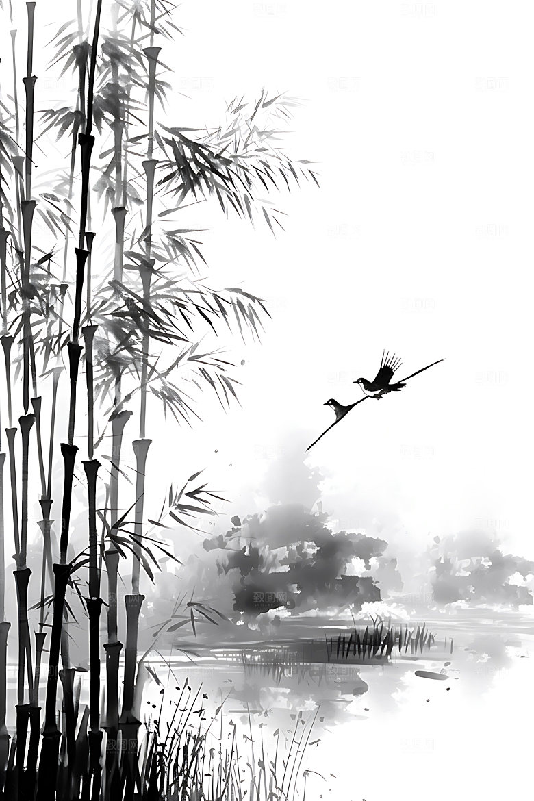 水墨竹林中国风风光插画