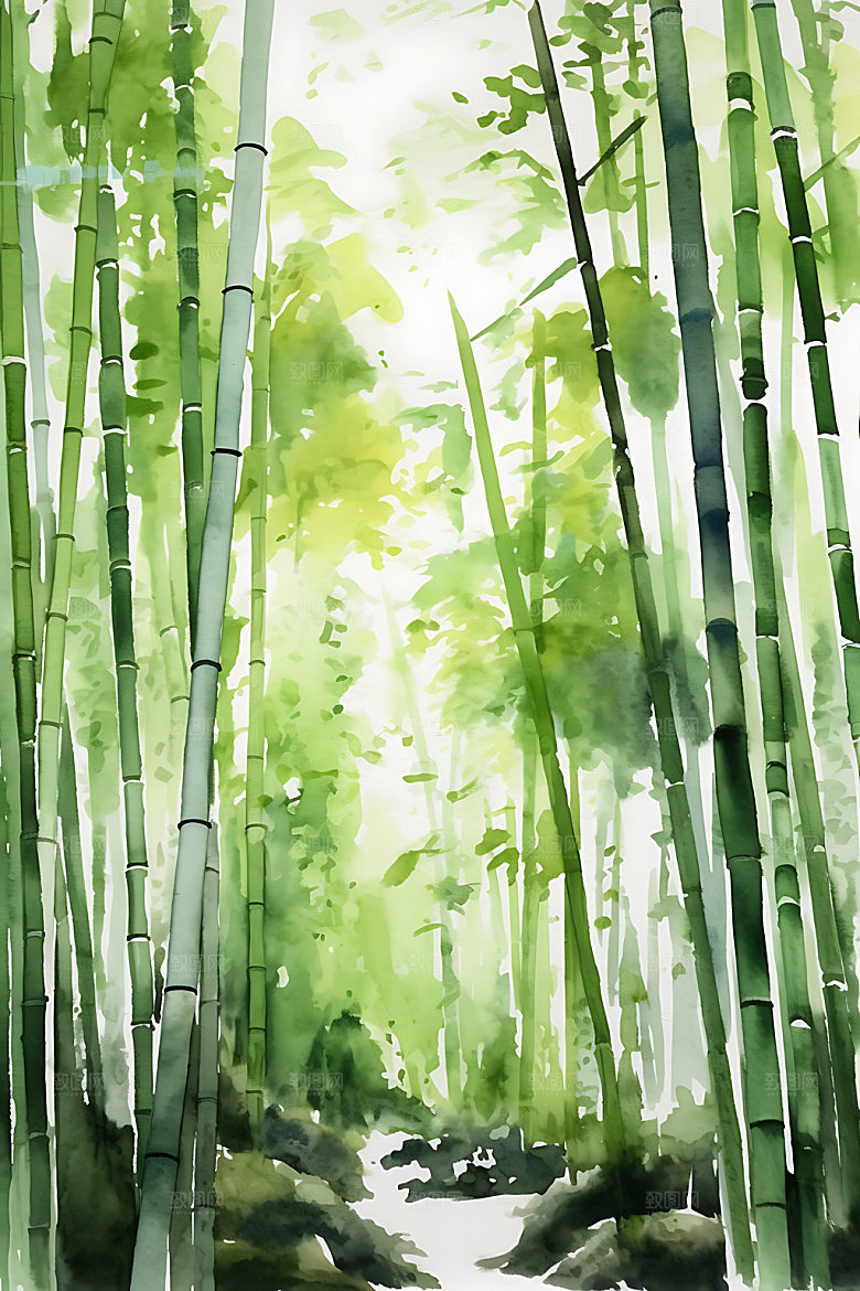 水墨竹林风光中国风插画