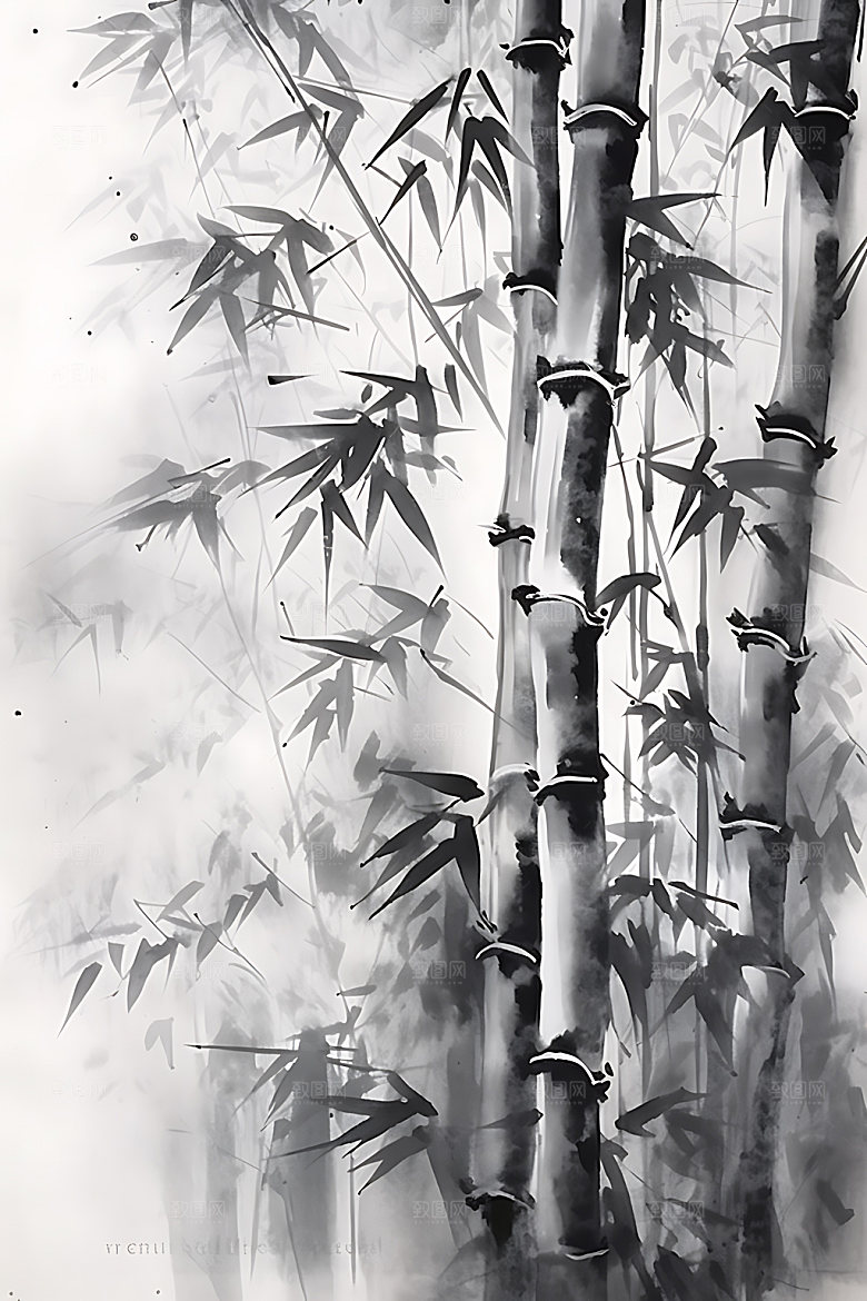 水墨竹林国画中国风插画