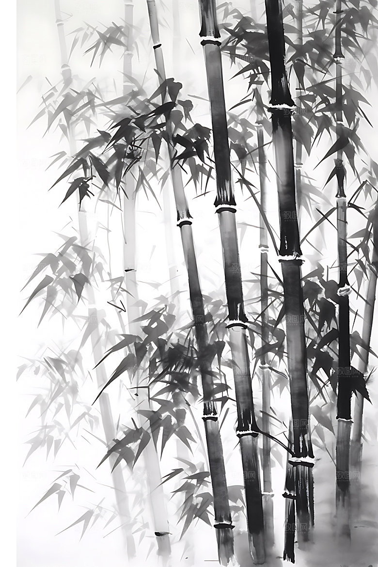 水墨竹林风光晕染插画