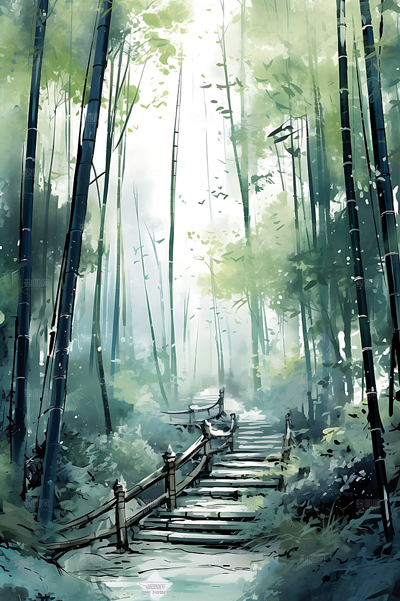 水墨竹林国画中国风插画