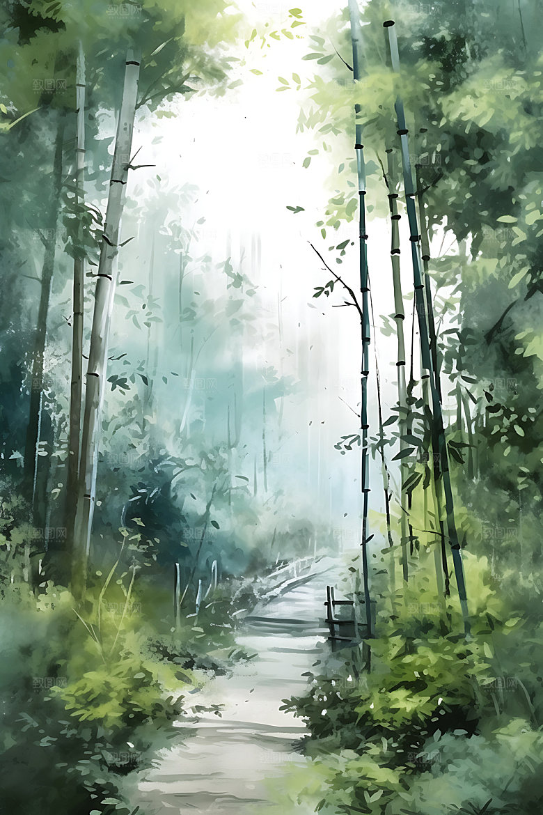 水墨竹林中国风风光插画