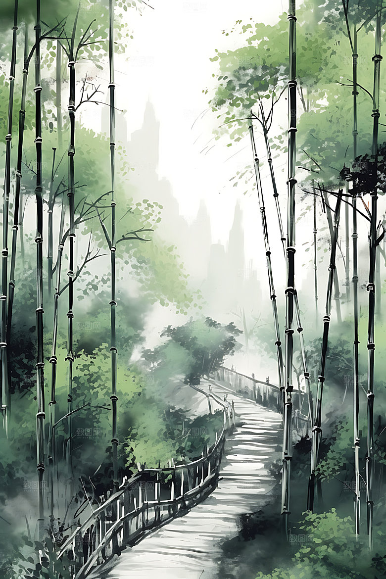 水墨竹林风光国画插画