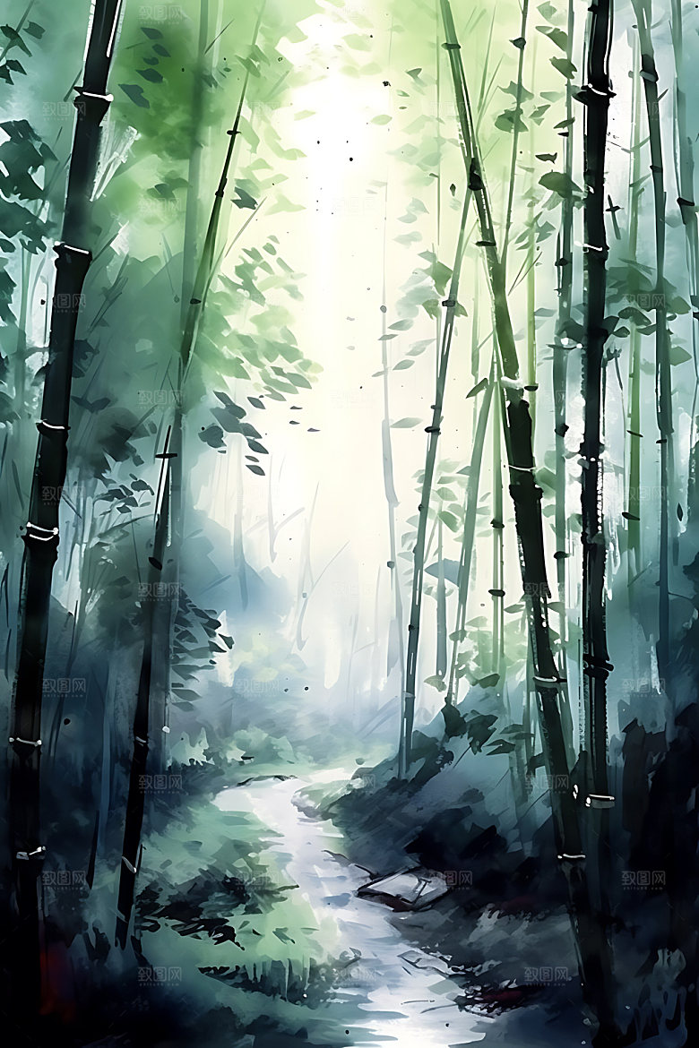 水墨竹林晕染中国风插画