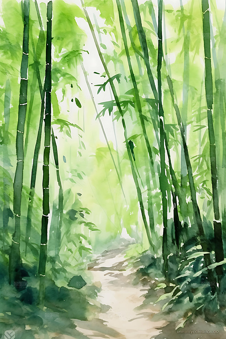 水墨竹林国画自然插画