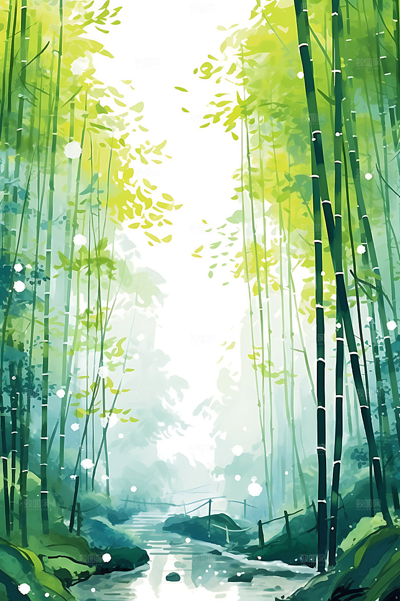 水墨竹林晕染风光插画