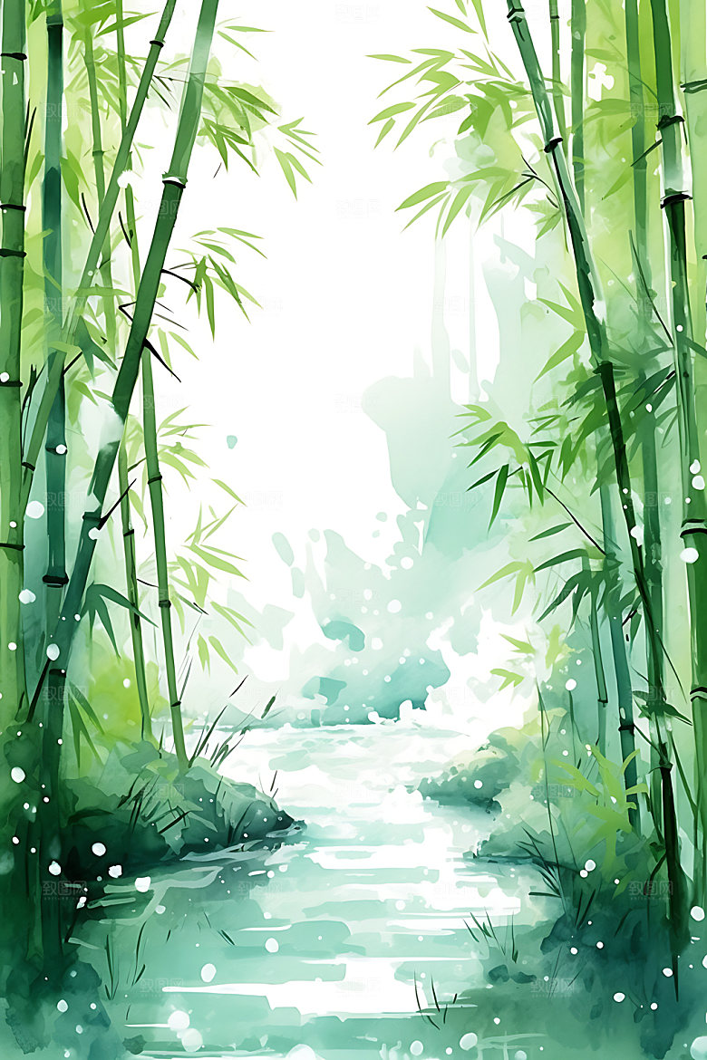 水墨竹林风光中国风插画