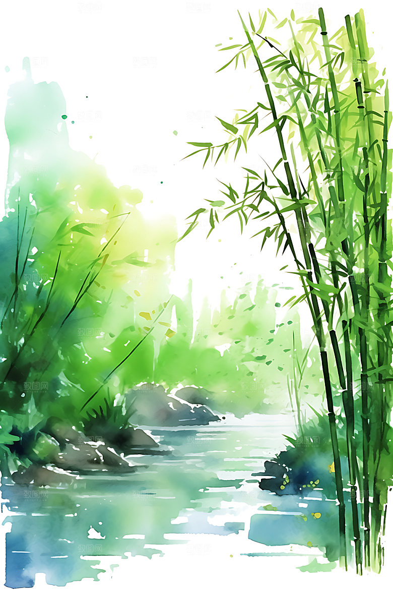 水墨竹林风光晕染插画