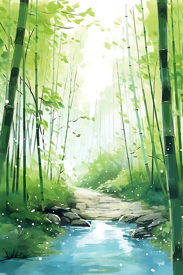 水墨竹林风光国画插画