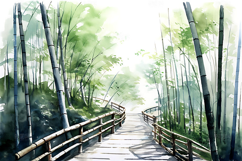 水墨竹林中国风自然插画