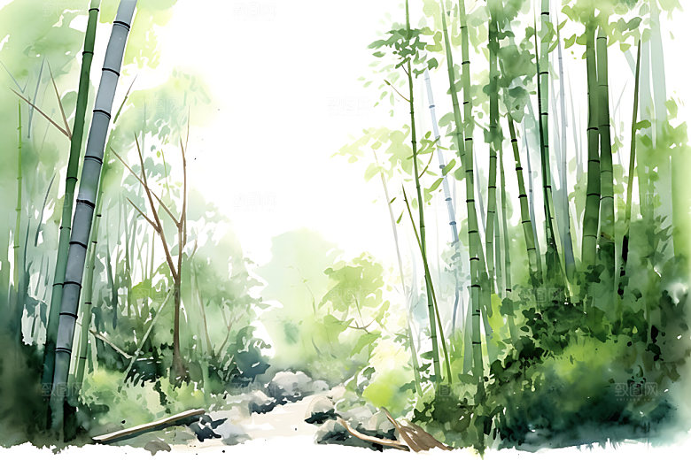 水墨竹林国画晕染插画