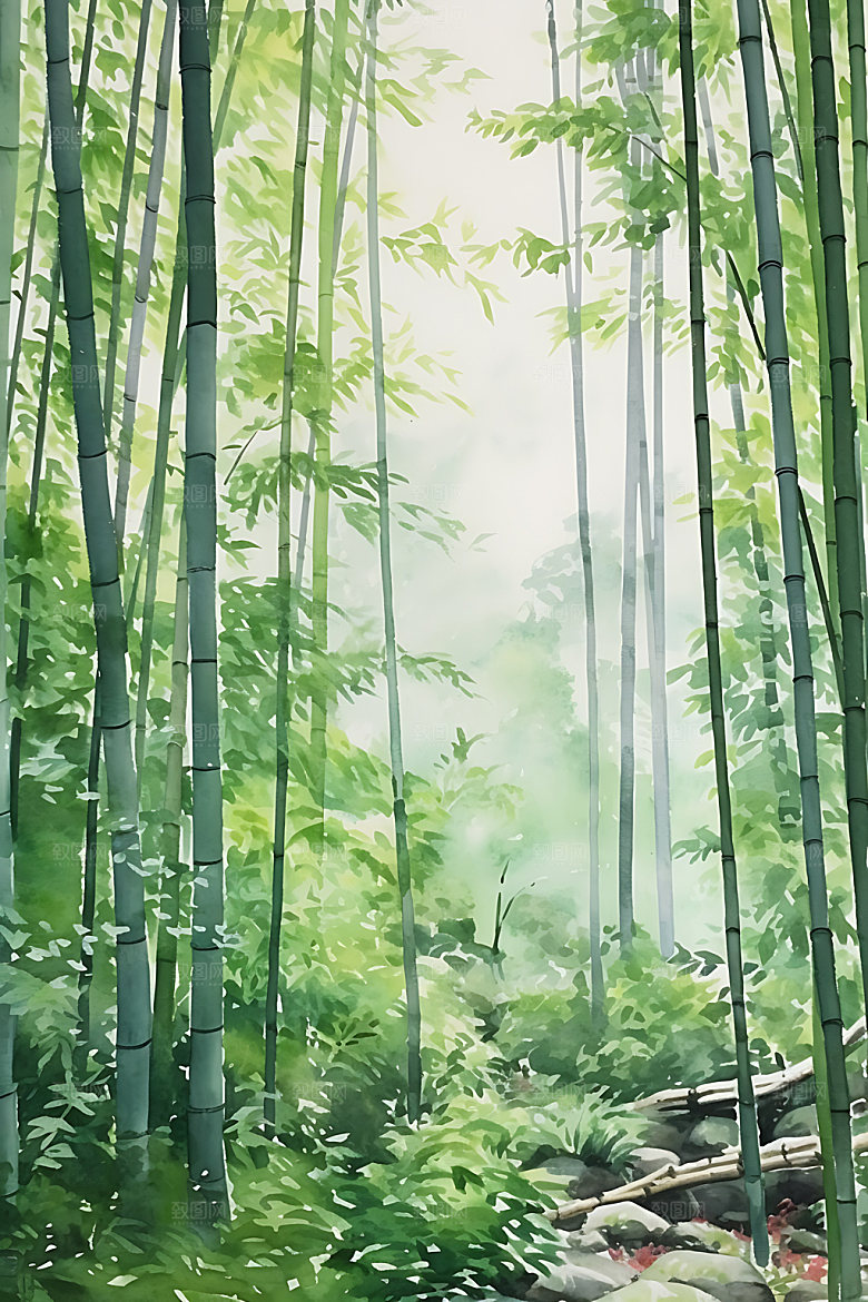 水墨竹林晕染风光插画
