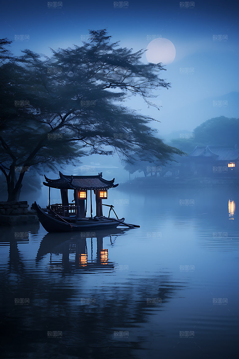 中秋氛围江面月色风景图