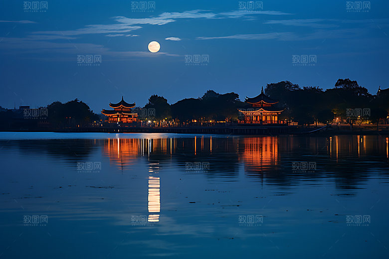 中秋氛围水面江面风景图