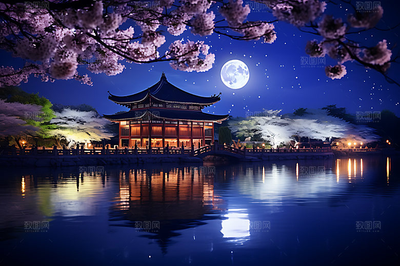 中秋氛围月圆赏月风景图