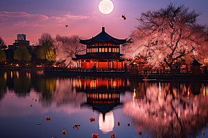 中秋氛围月圆中国风风景图