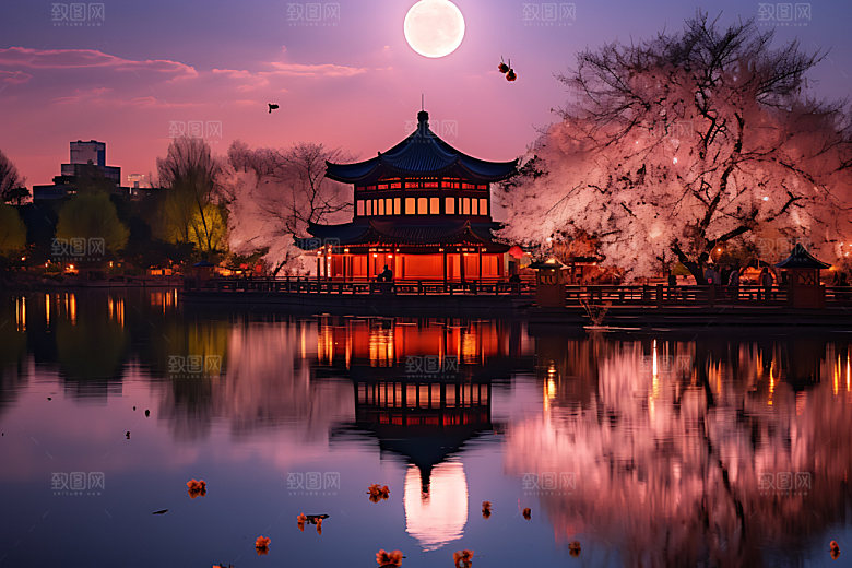 中秋氛围月圆中国风风景图