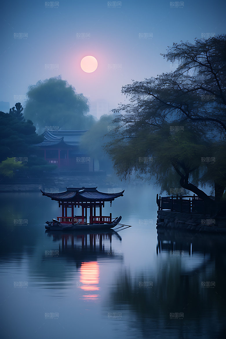 中秋氛围水面古风风景图