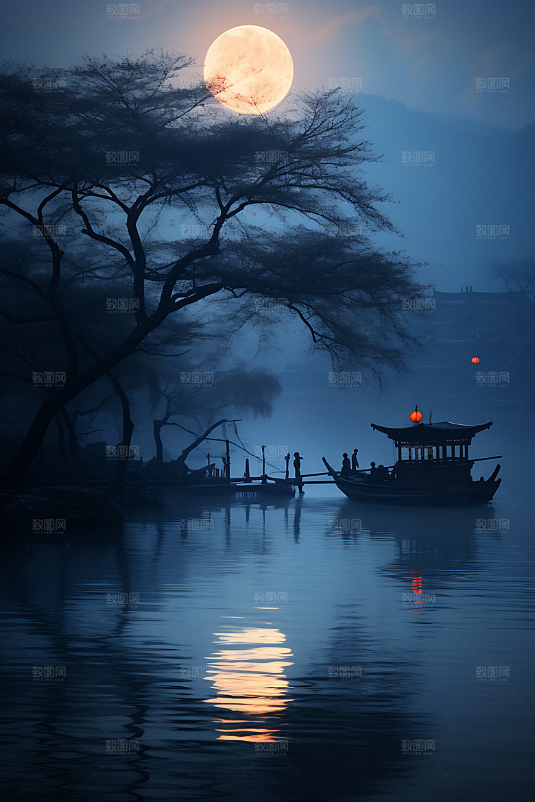 中秋氛围月色水面风景图