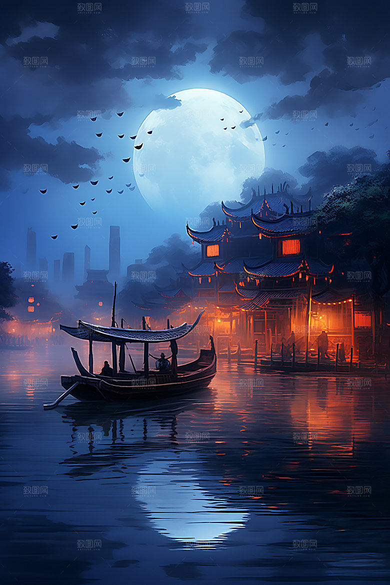 中秋氛围古风月色风景图