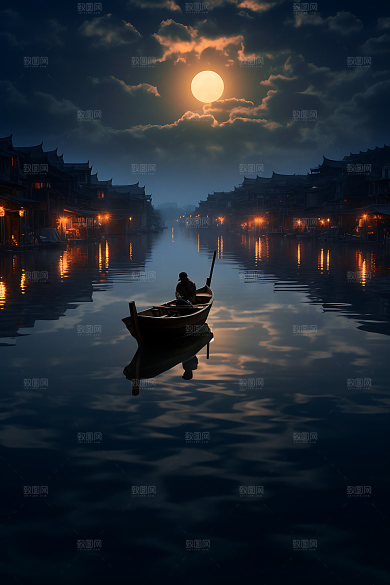 中秋氛围古风月色风景图