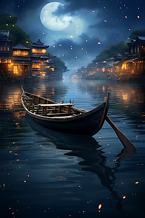 中秋氛围赏月中国风风景图