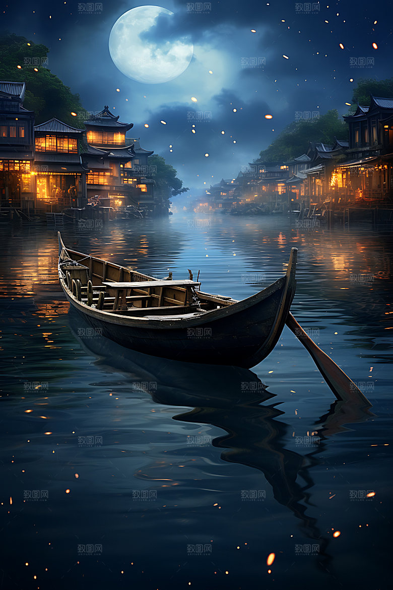 中秋氛围赏月中国风风景图