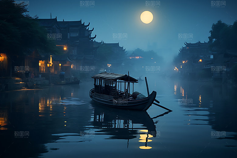中秋氛围月圆水面风景图