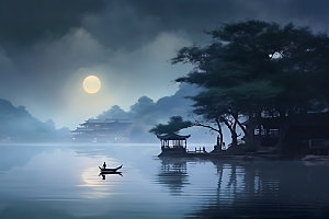 中秋氛围赏月中国风风景图