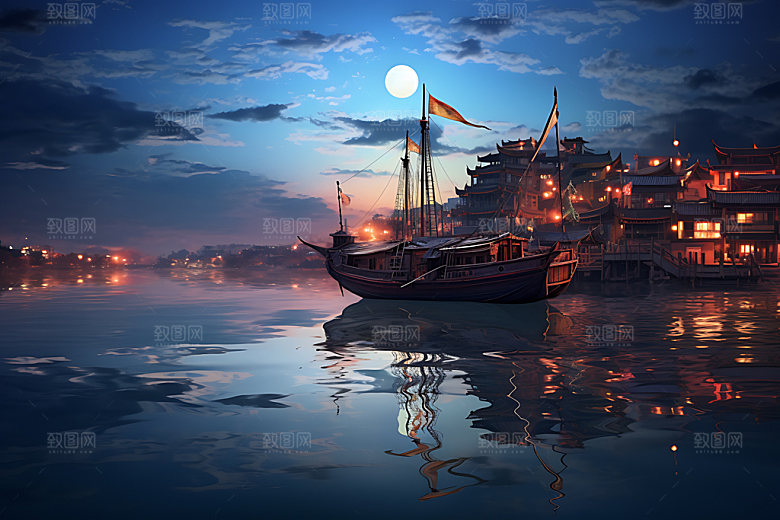 中秋氛围江面水面风景图