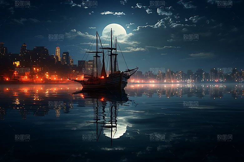 中秋氛围水面中国风风景图