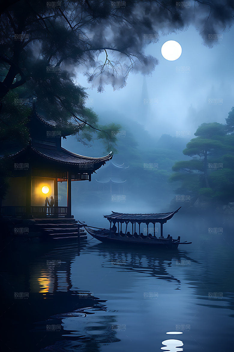 中秋氛围古风月圆风景图
