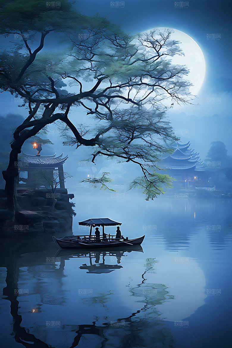 中秋氛围水面月色风景图
