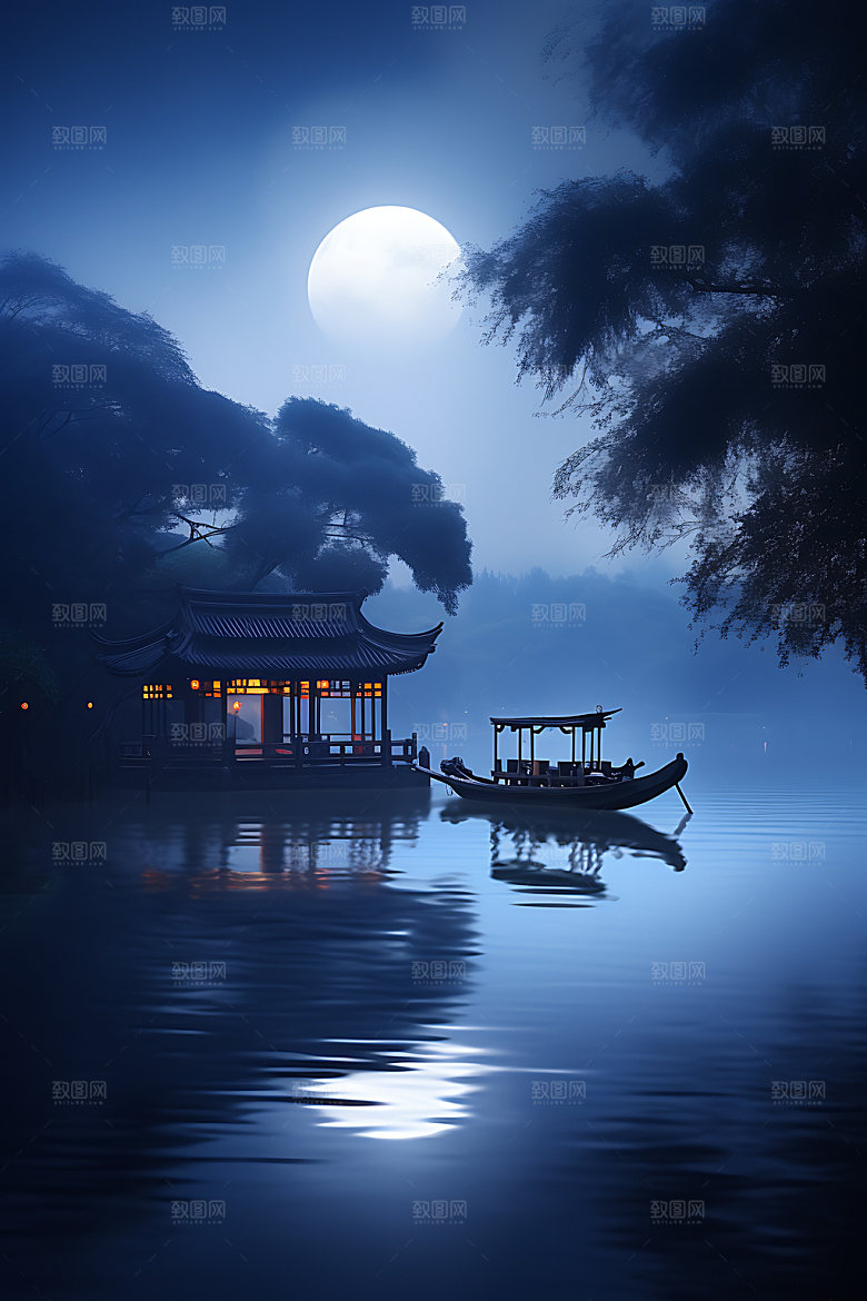 中秋氛围水面赏月风景图