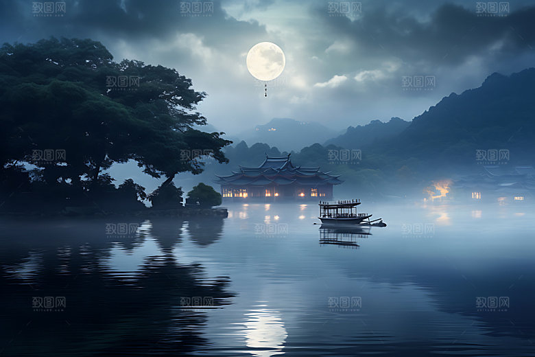 中秋氛围水面古风风景图