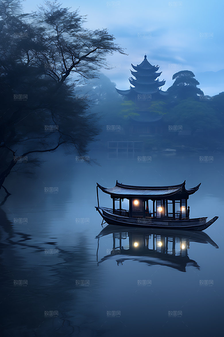 中秋氛围江面月色风景图