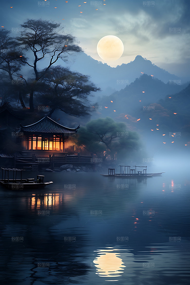 中秋氛围月圆赏月风景图