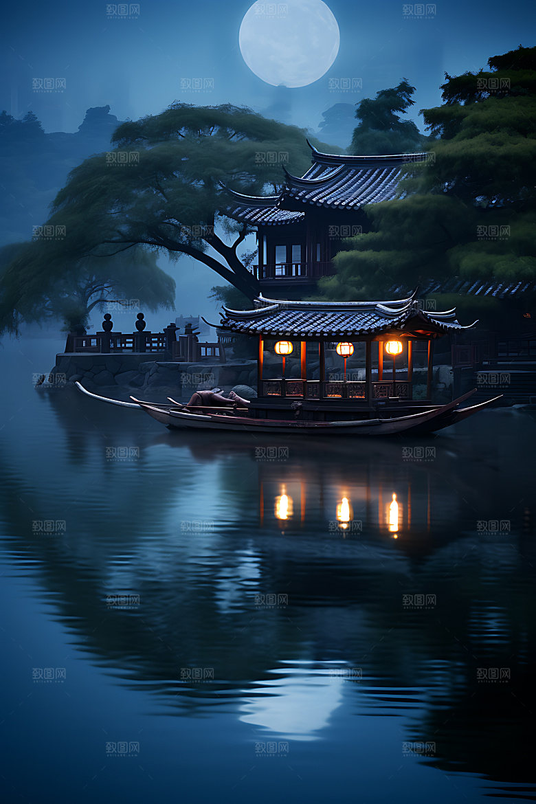 中秋氛围赏月水面风景图