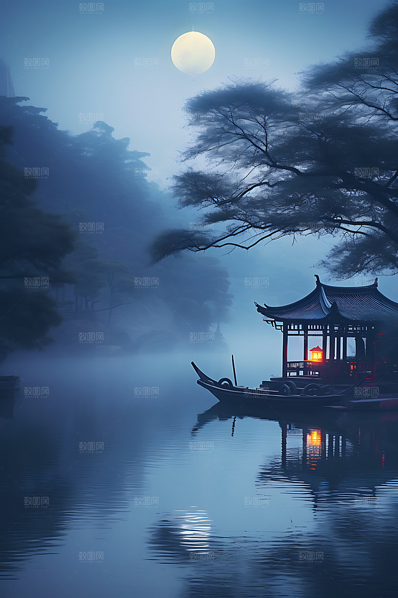 中秋氛围江面水面风景图