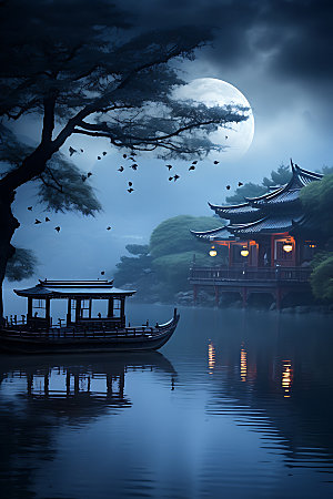中秋氛围月圆中国风风景图