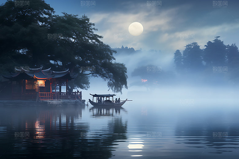 中秋氛围中国风水面风景图