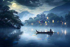 中秋氛围中国风古风风景图