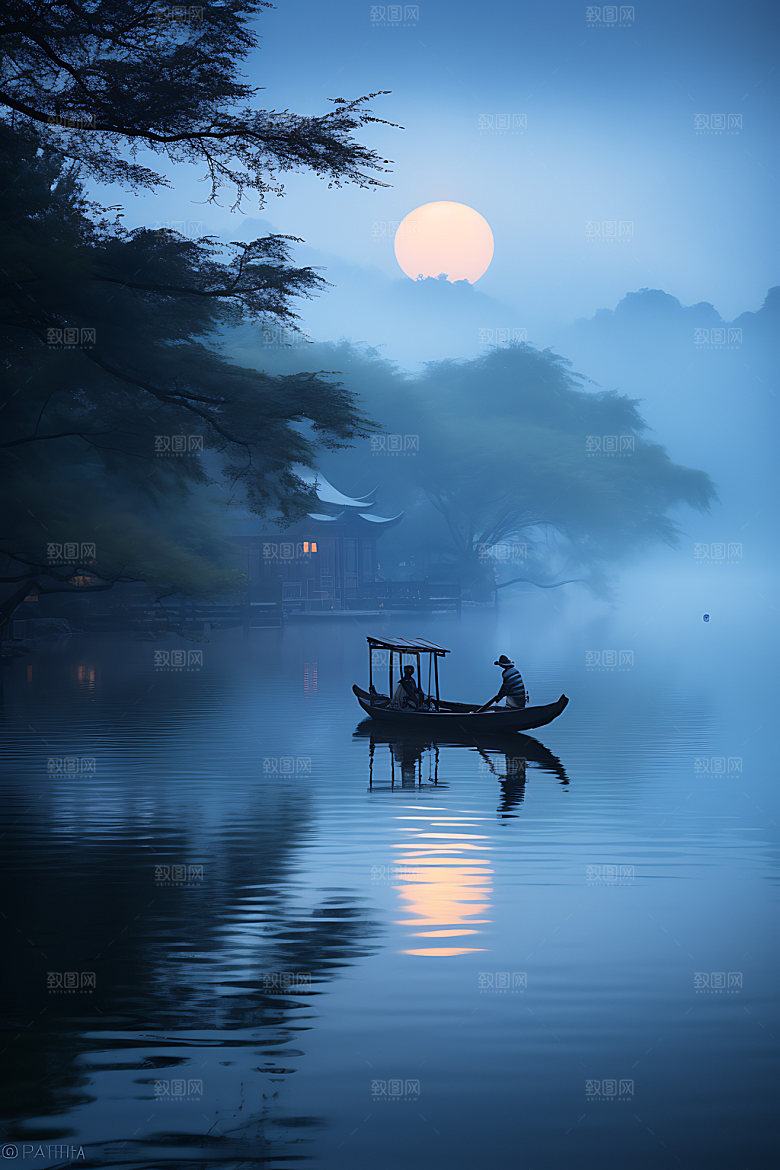 中秋氛围赏月江面风景图