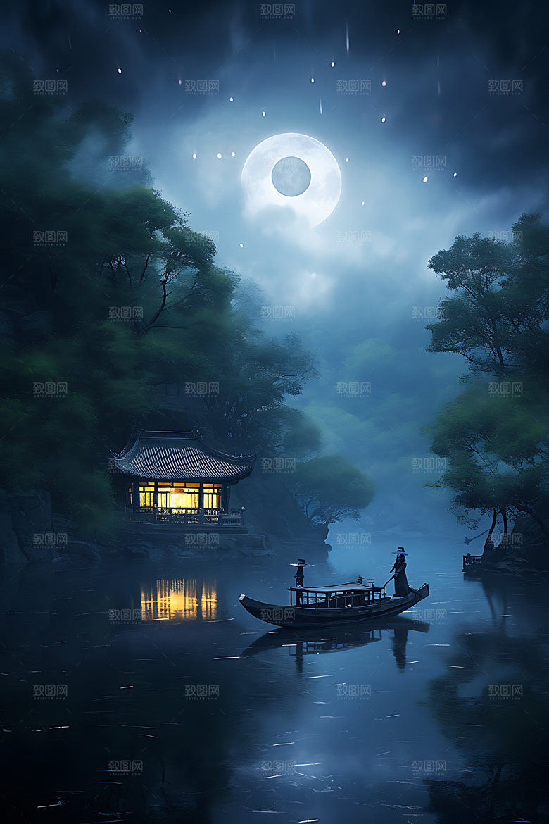 中秋氛围江面赏月风景图